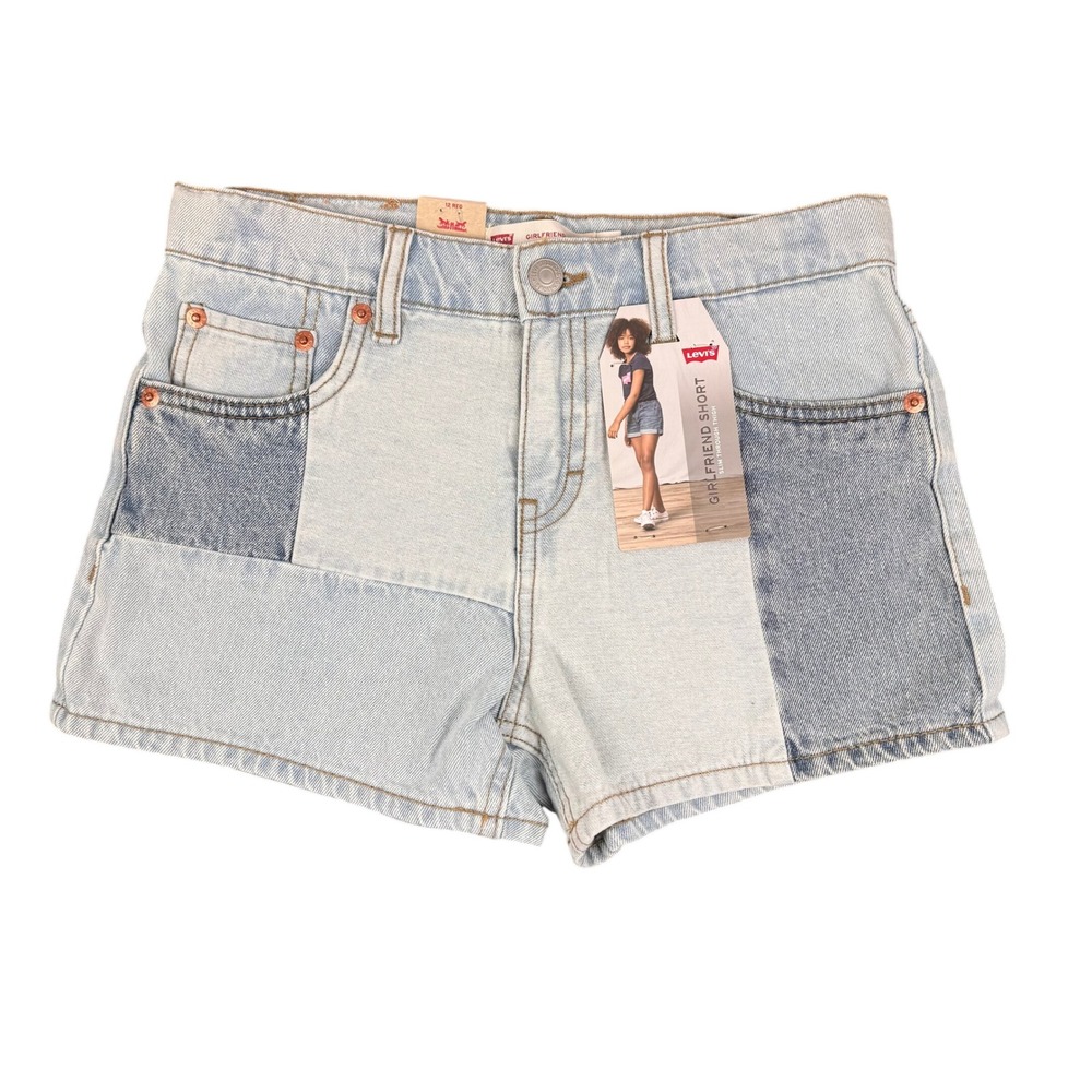 Levis Girlfriend Shorts Girls Size 12 Light Wash‎ Blue Colorblock Patchwork NEW